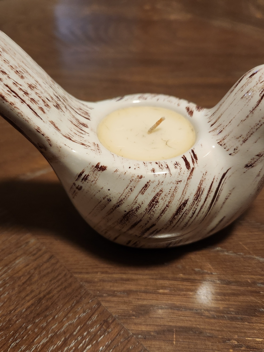 Pier 1 White and Brown Distressed Ceramic Bird Tea Light Holder